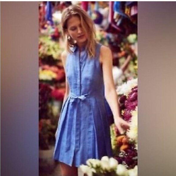 Anthropologie HD in Paris Blue 100% Linen Collared Sleeveless Side Pleated Flare - Picture 2 of 15